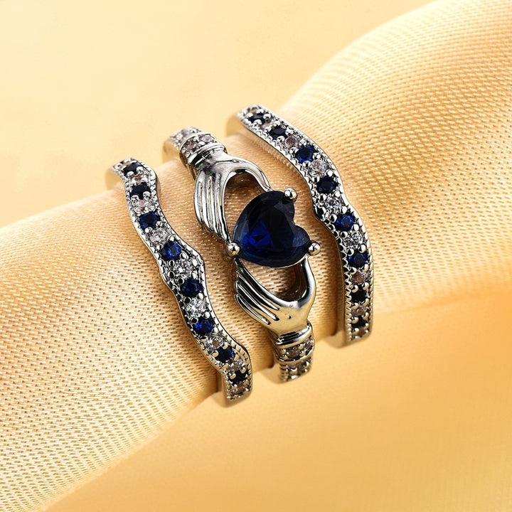 3Pcs Women Heart Faux Sapphire Inlaid Stacking Ring Wedding Jewelry Gift Image 4