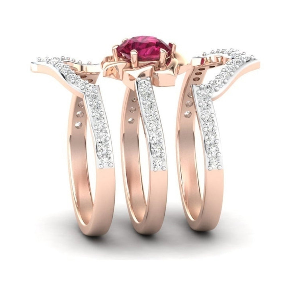 3Pcs Elegent Women Faux Ruby Rhinestone Inlaid Finger Ring Band Jewelry Gift Image 4