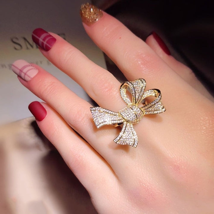 Fashion Women Cubic Zirconia Inlaid Bow Finger Ring Wedding Party Jewelry Gift Image 3