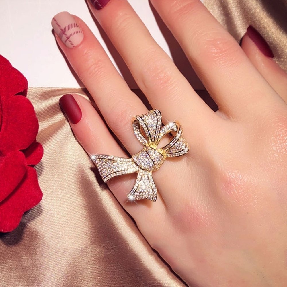 Fashion Women Cubic Zirconia Inlaid Bow Finger Ring Wedding Party Jewelry Gift Image 4