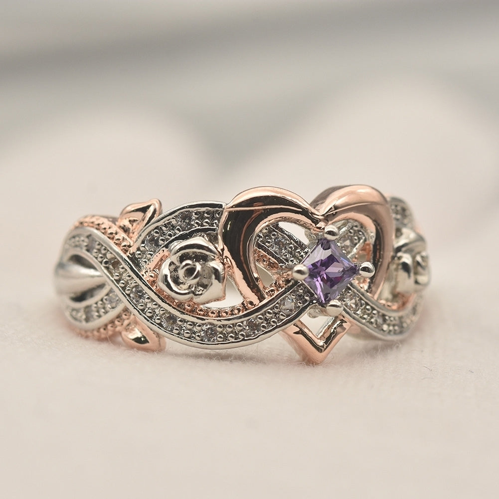 Fashion Women Faux Amethyst Heart Wedding Engagement Floral Ring Jewelry Gift Image 4