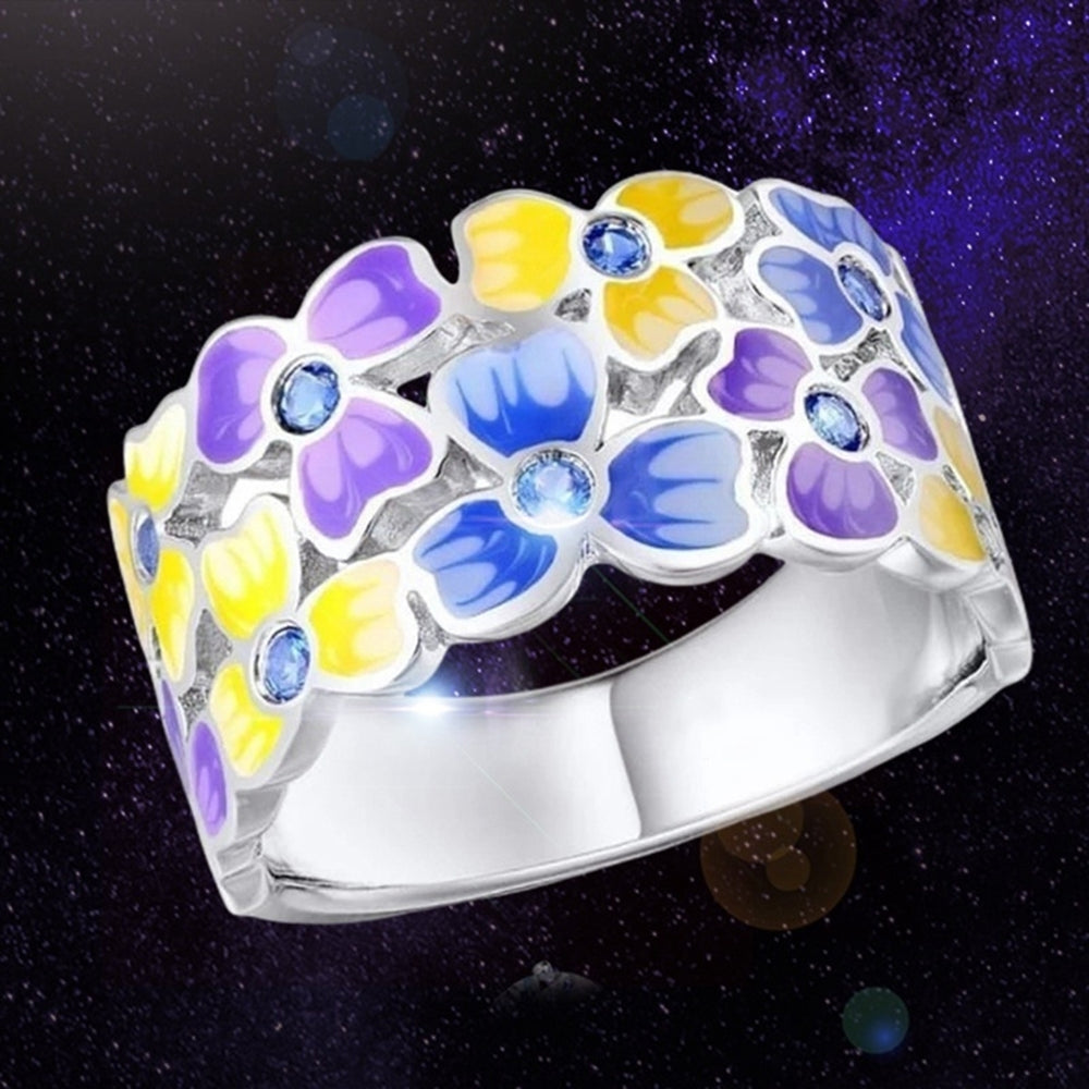 Women Rhinestone Inlaid Flower Finger Ring Fashion Enamel Party Jewelry Gift Image 2