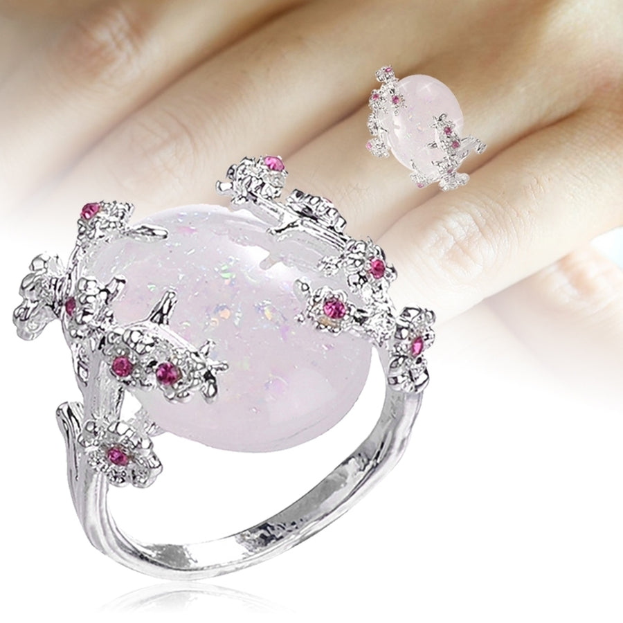 Women Wedding Jewelry Flower Design Oval Faux Gemstone Ring Rhinestone Decor Image 1