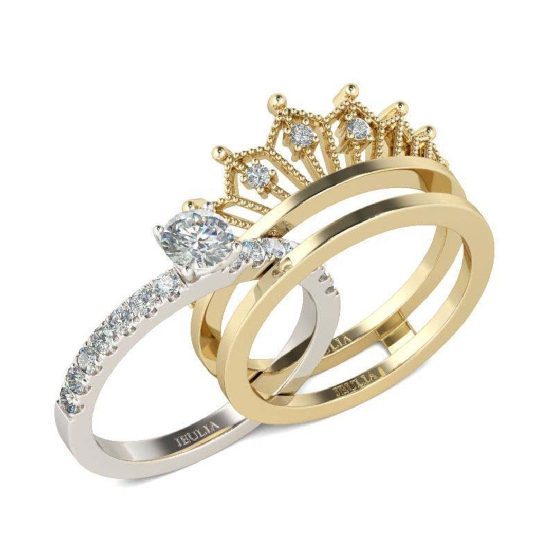 Detachable Women Fashion Crown Rhinestone Finger Ring Wedding Bride Jewelry Gift Image 1