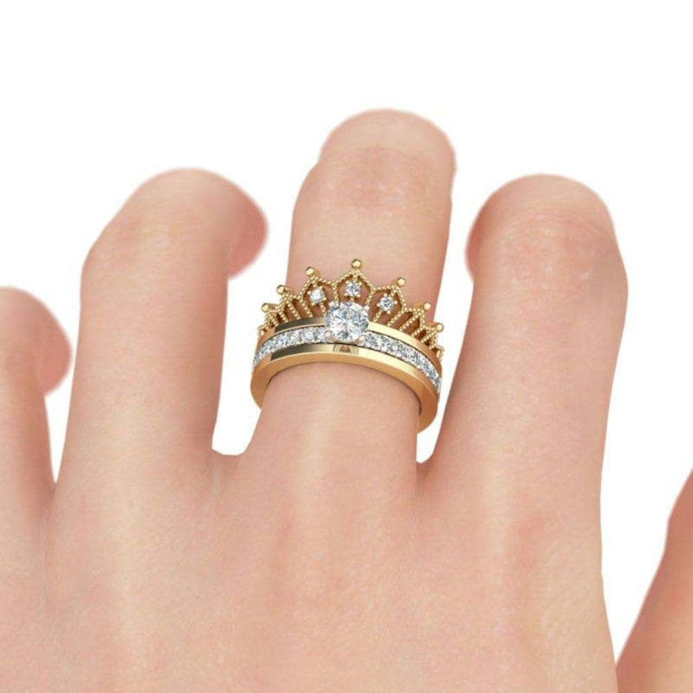 Detachable Women Fashion Crown Rhinestone Finger Ring Wedding Bride Jewelry Gift Image 2