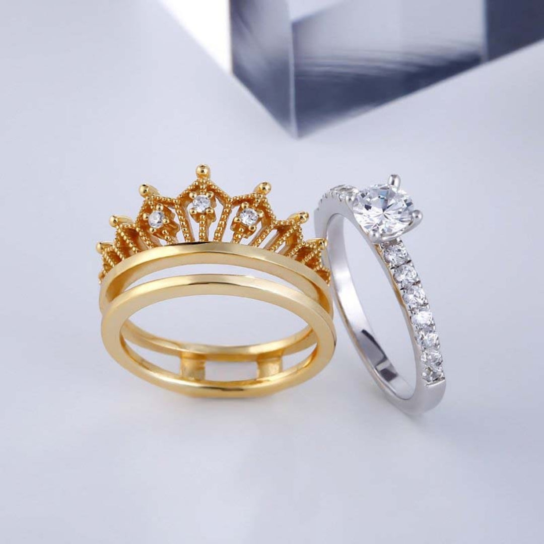 Detachable Women Fashion Crown Rhinestone Finger Ring Wedding Bride Jewelry Gift Image 4