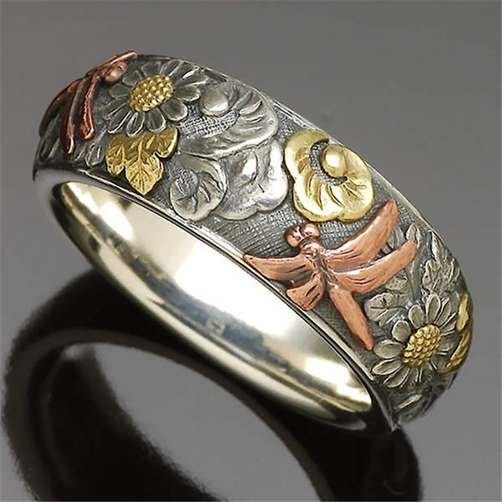 Women Men Elegant Sunflower Pattern Dragonfly Design Finger Ring Band Jewelry Image 1