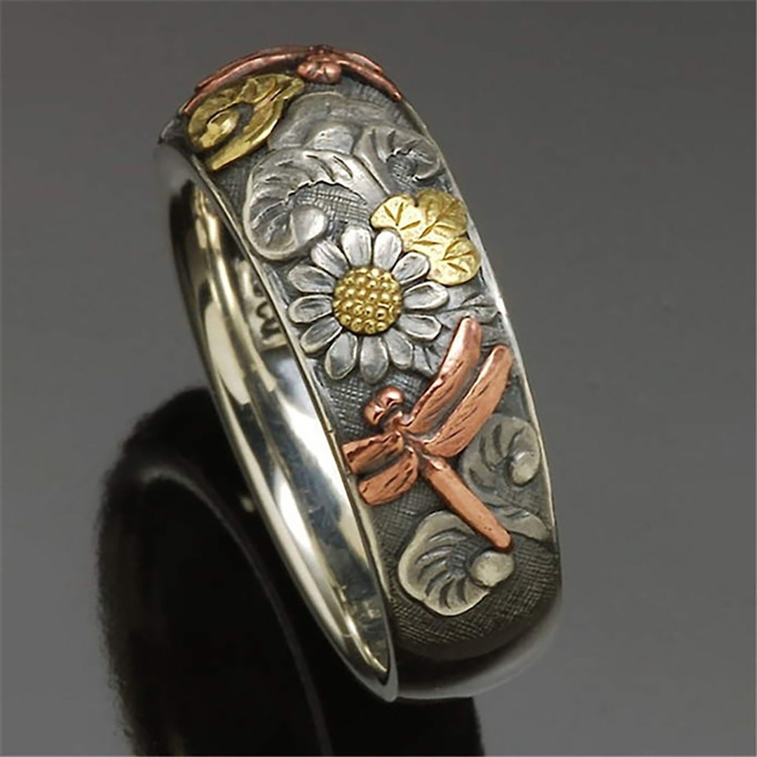 Women Men Elegant Sunflower Pattern Dragonfly Design Finger Ring Band Jewelry Image 2