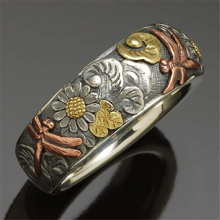 Women Men Elegant Sunflower Pattern Dragonfly Design Finger Ring Band Jewelry Image 3