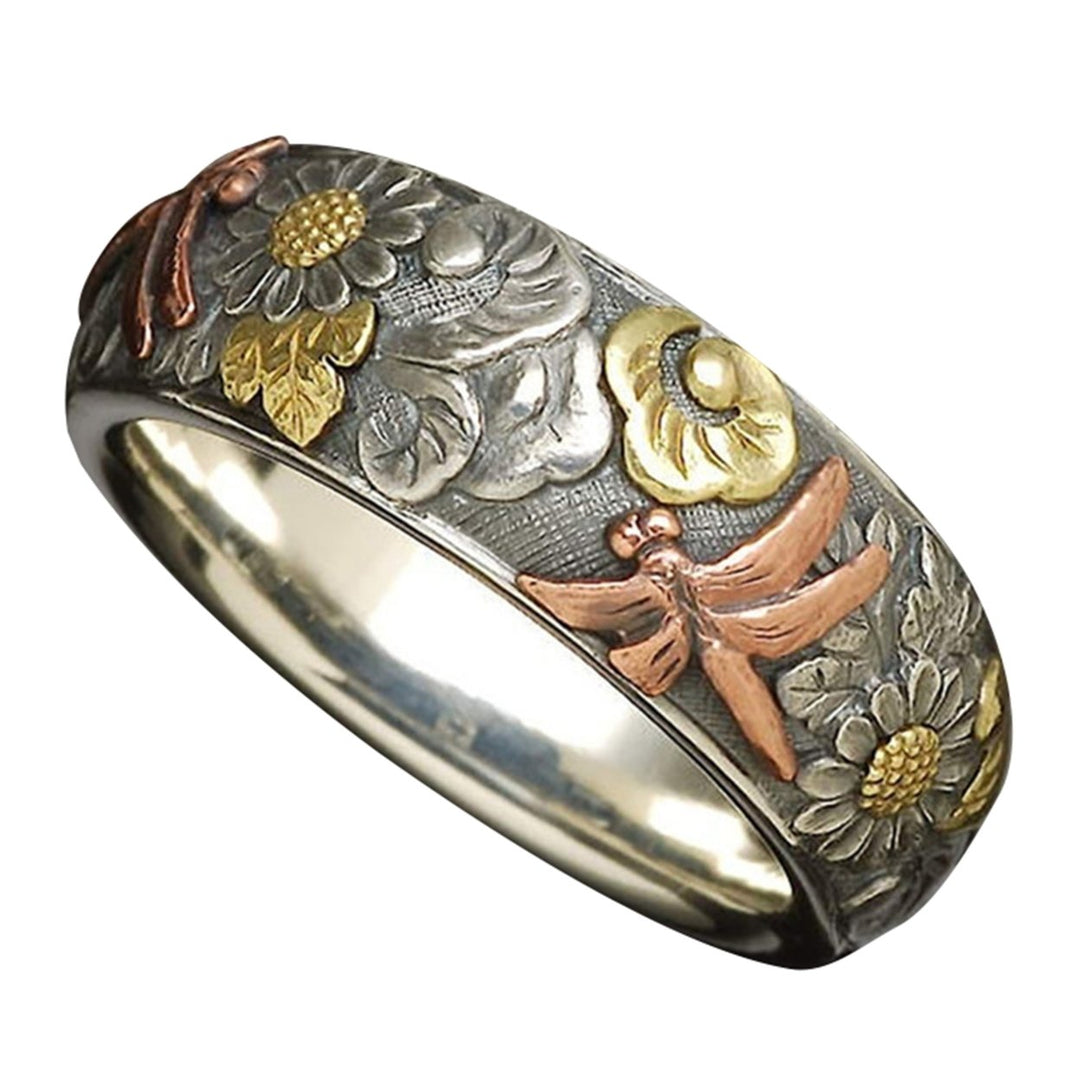 Women Men Elegant Sunflower Pattern Dragonfly Design Finger Ring Band Jewelry Image 1