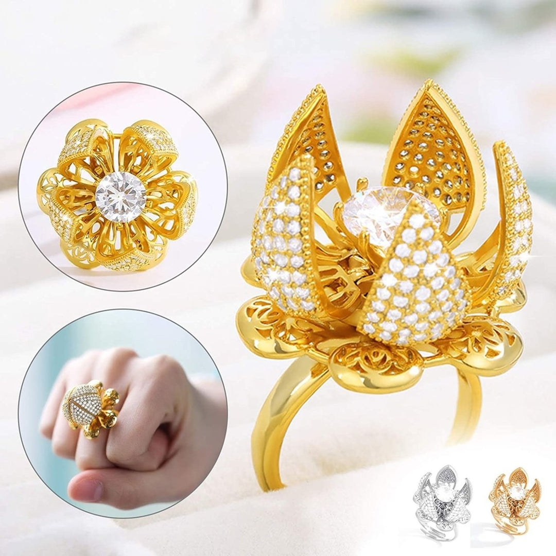 Women Hollow Open-end Ring Opening Closing Flower Zircon Rotating Jewelry Gift Image 1