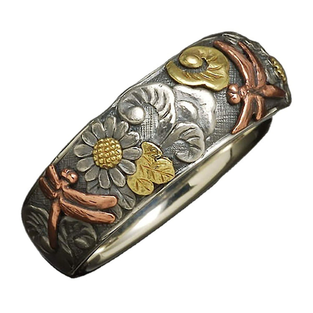 Women Men Elegant Sunflower Pattern Dragonfly Design Finger Ring Band Jewelry Image 6