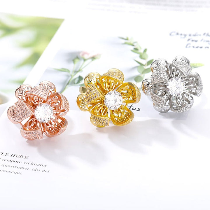 Women Hollow Open-end Ring Opening Closing Flower Zircon Rotating Jewelry Gift Image 6