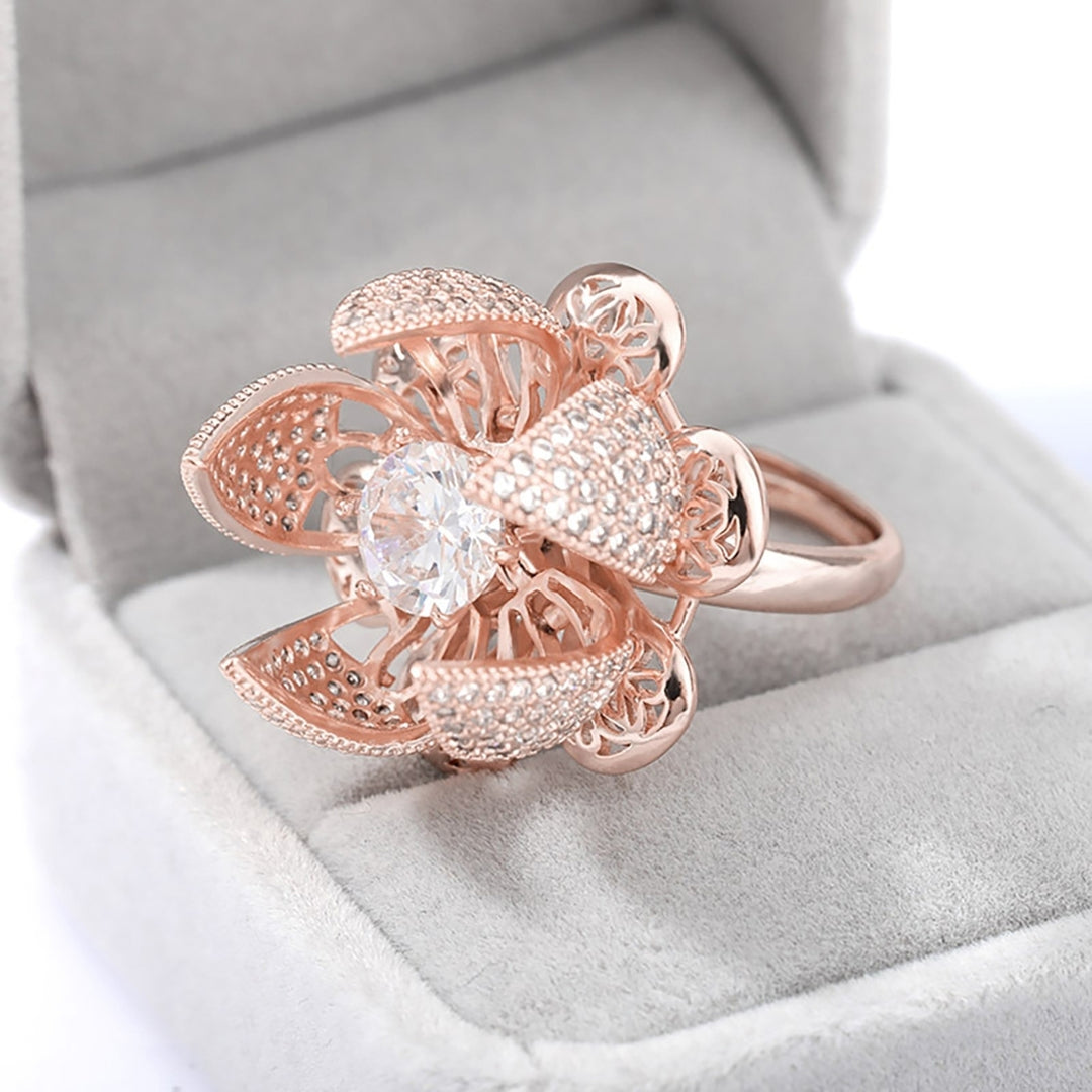 Women Hollow Open-end Ring Opening Closing Flower Zircon Rotating Jewelry Gift Image 11