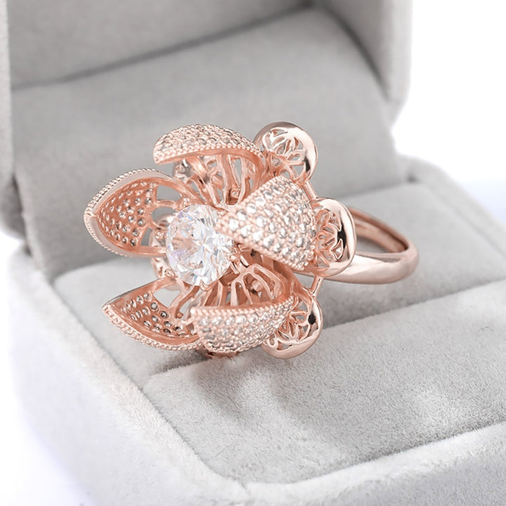 Women Hollow Open-end Ring Opening Closing Flower Zircon Rotating Jewelry Gift Image 11