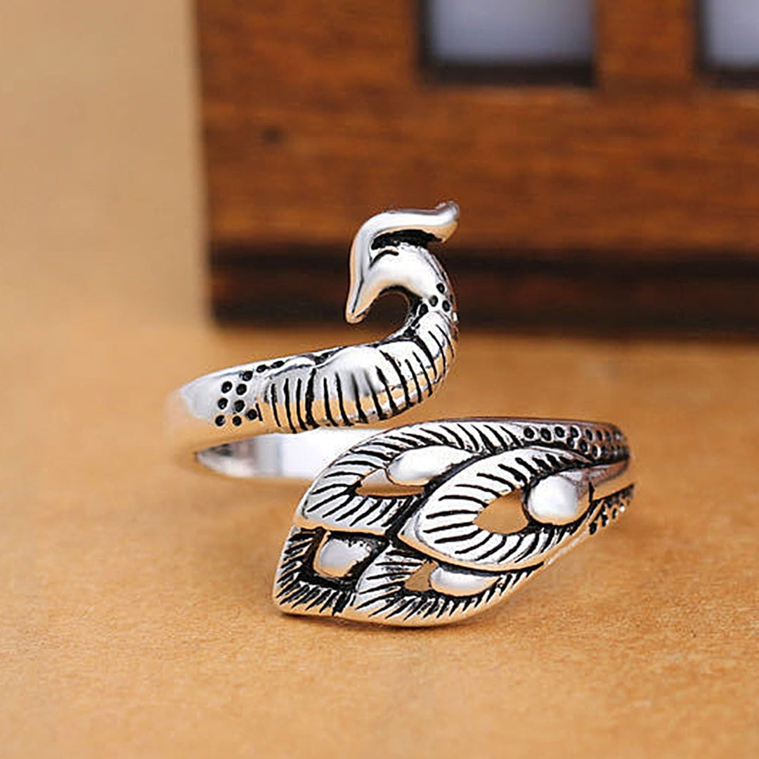 Retro Adjustable Open Silver Peacock Finger Braided Knitting Ring Image 1