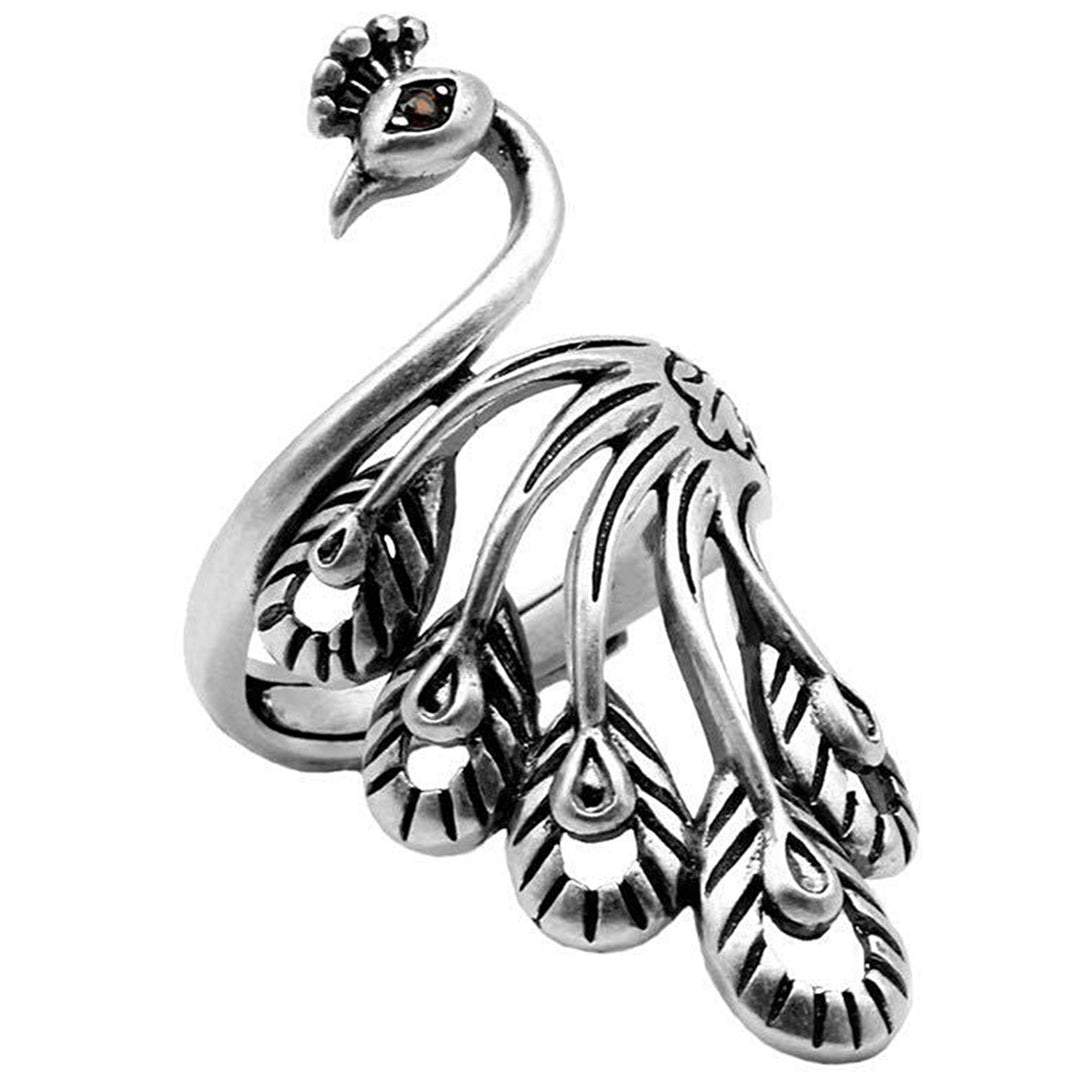 Retro Adjustable Open Silver Peacock Finger Braided Knitting Ring Image 4