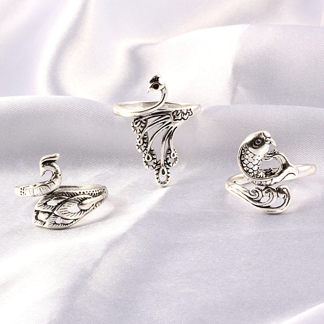 Retro Adjustable Open Silver Peacock Finger Braided Knitting Ring Image 7