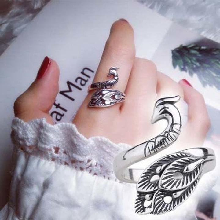 Retro Adjustable Open Silver Peacock Finger Braided Knitting Ring Image 10