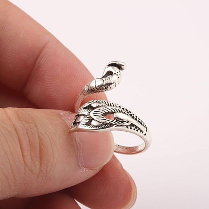 Retro Adjustable Open Silver Peacock Finger Braided Knitting Ring Image 12