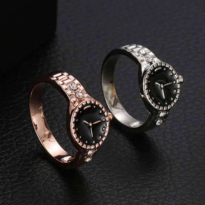 Watch Shape Rhinestone Alloy Pointer Round Dial Couple Finger Ring for Cocktail Party Image 1