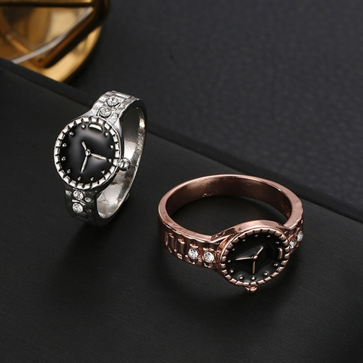 Watch Shape Rhinestone Alloy Pointer Round Dial Couple Finger Ring for Cocktail Party Image 3