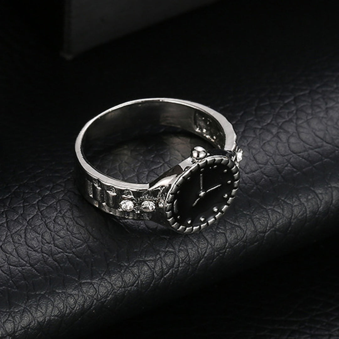 Watch Shape Rhinestone Alloy Pointer Round Dial Couple Finger Ring for Cocktail Party Image 4