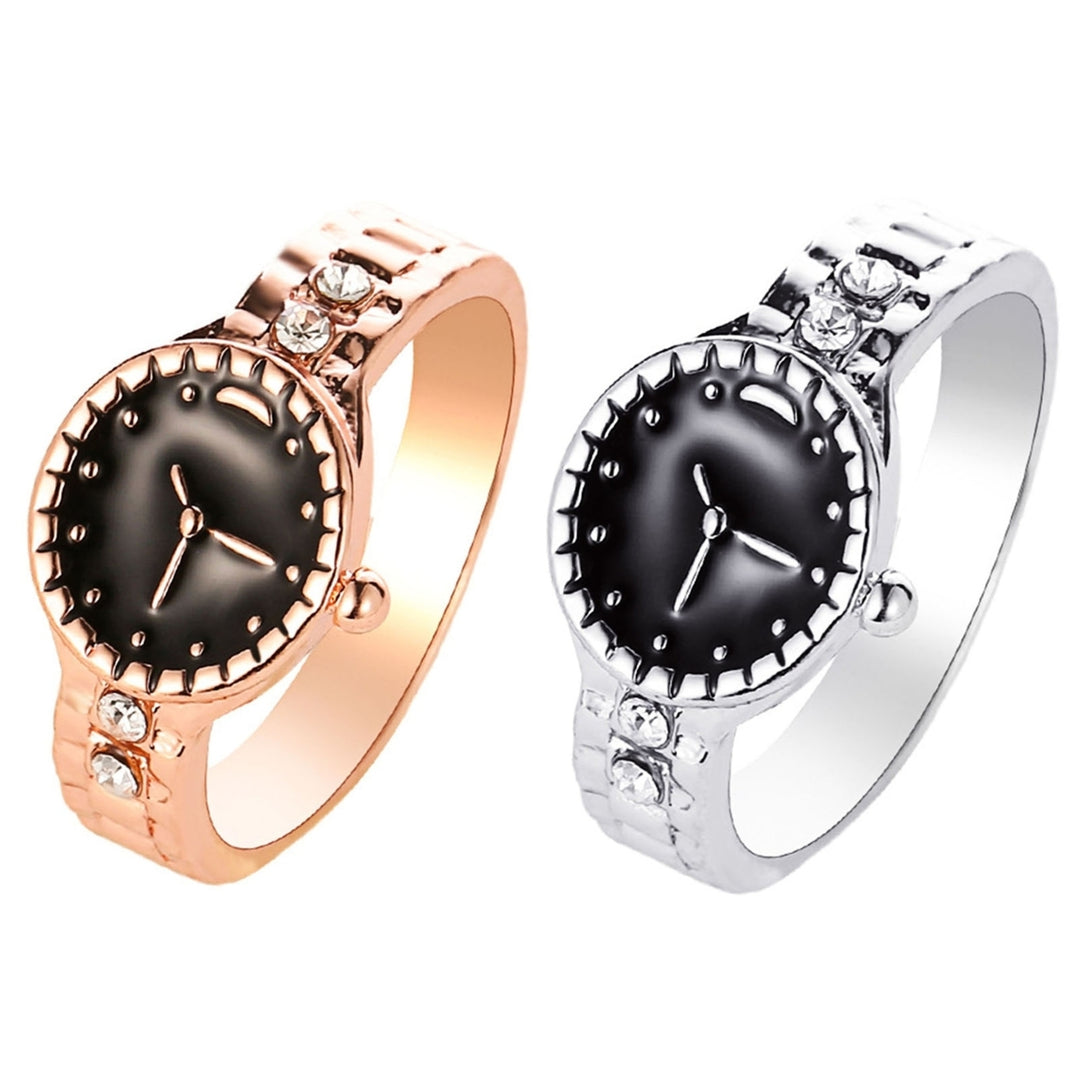 Watch Shape Rhinestone Alloy Pointer Round Dial Couple Finger Ring for Cocktail Party Image 7