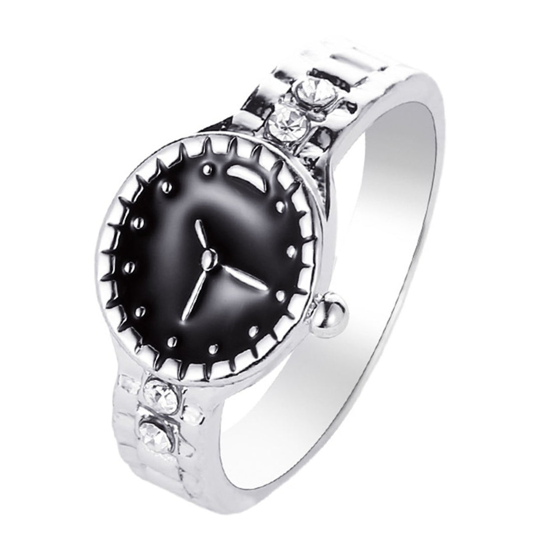 Watch Shape Rhinestone Alloy Pointer Round Dial Couple Finger Ring for Cocktail Party Image 1