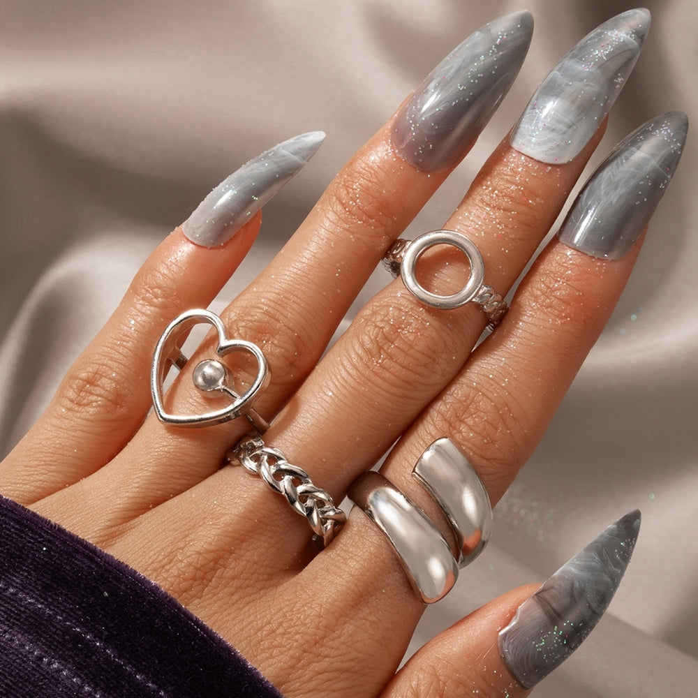 4Pcs Heart Geometric Shape Alloy Hollow Chain Opening Finger Rings Joint Rings for Party Image 2