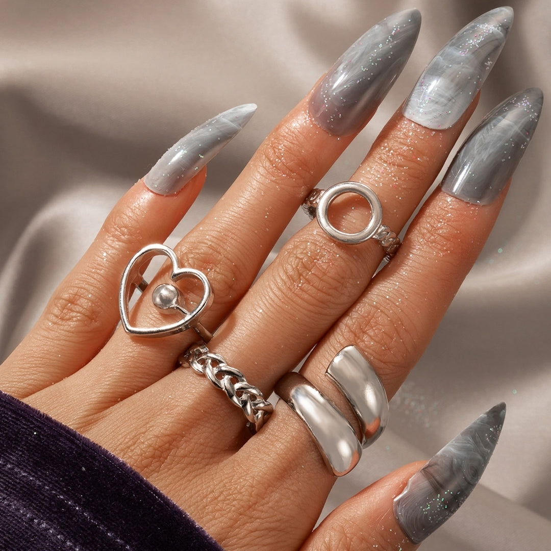 4Pcs Heart Geometric Shape Alloy Hollow Chain Opening Finger Rings Joint Rings for Party Image 2