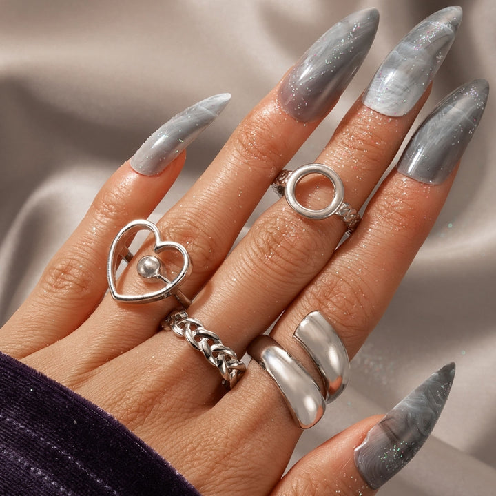 4Pcs Heart Geometric Shape Alloy Hollow Chain Opening Finger Rings Joint Rings for Party Image 2