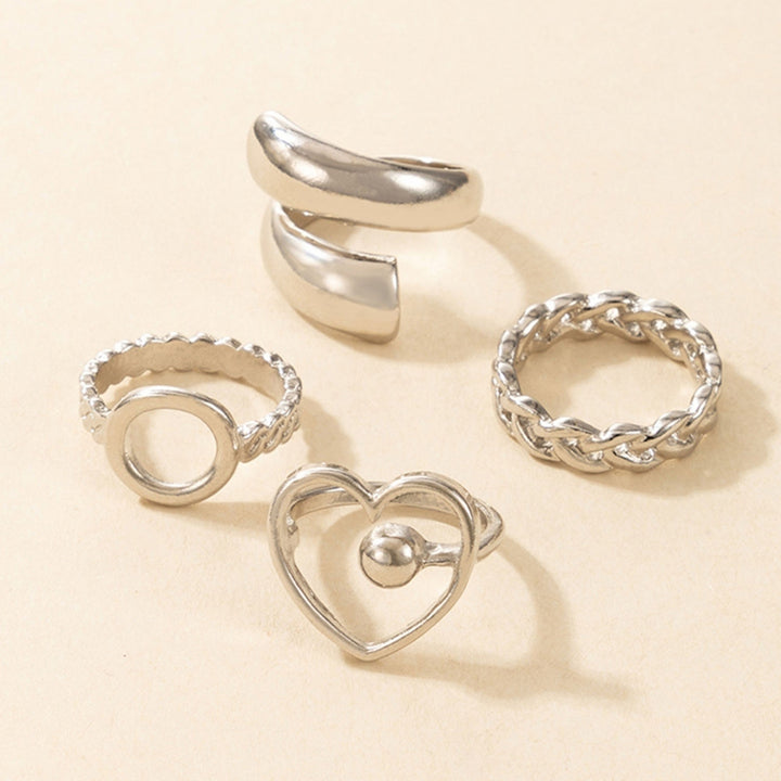 4Pcs Heart Geometric Shape Alloy Hollow Chain Opening Finger Rings Joint Rings for Party Image 3