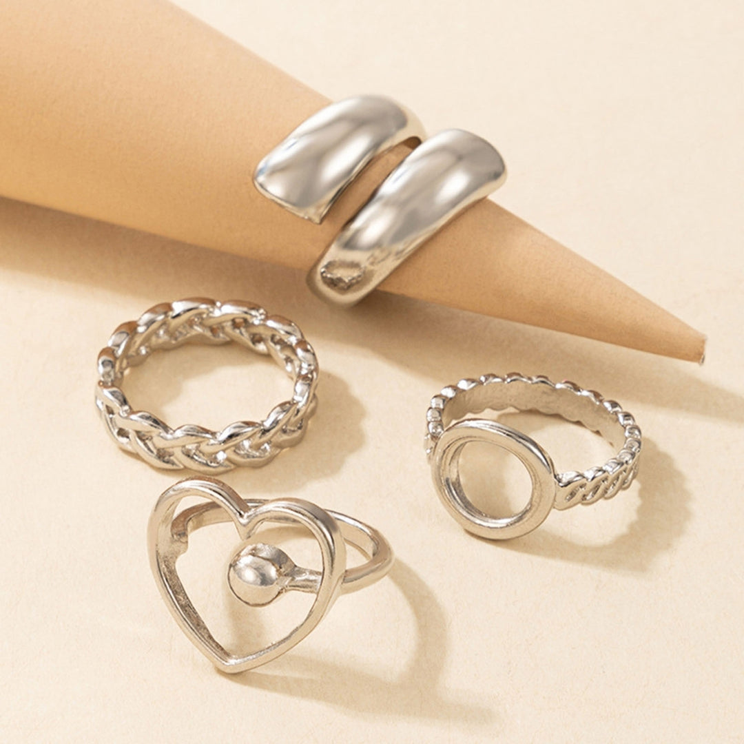 4Pcs Heart Geometric Shape Alloy Hollow Chain Opening Finger Rings Joint Rings for Party Image 4