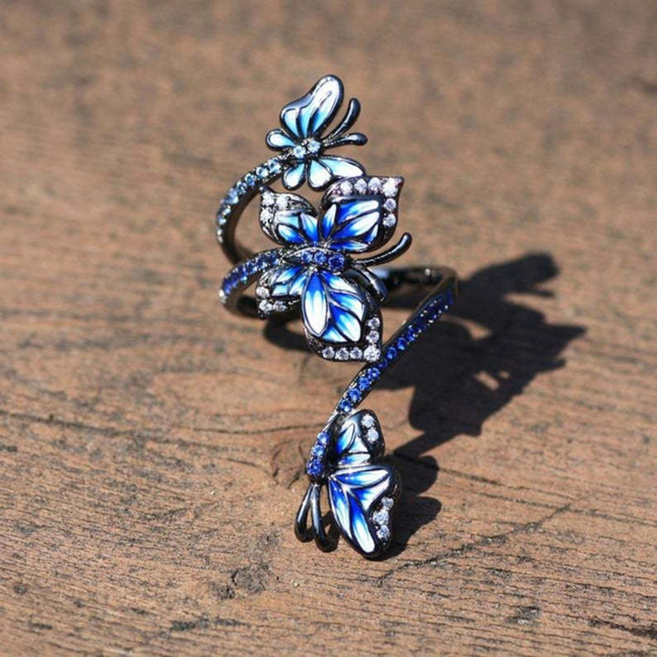 Adjustable Ring Elegant Open-end Design Three Blue Butterflies Ring Jewelry for Party Image 2
