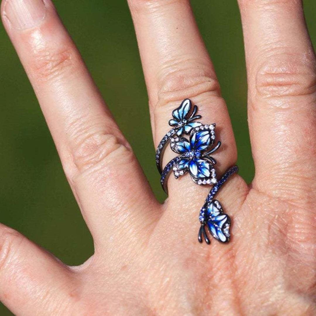 Adjustable Ring Elegant Open-end Design Three Blue Butterflies Ring Jewelry for Party Image 3