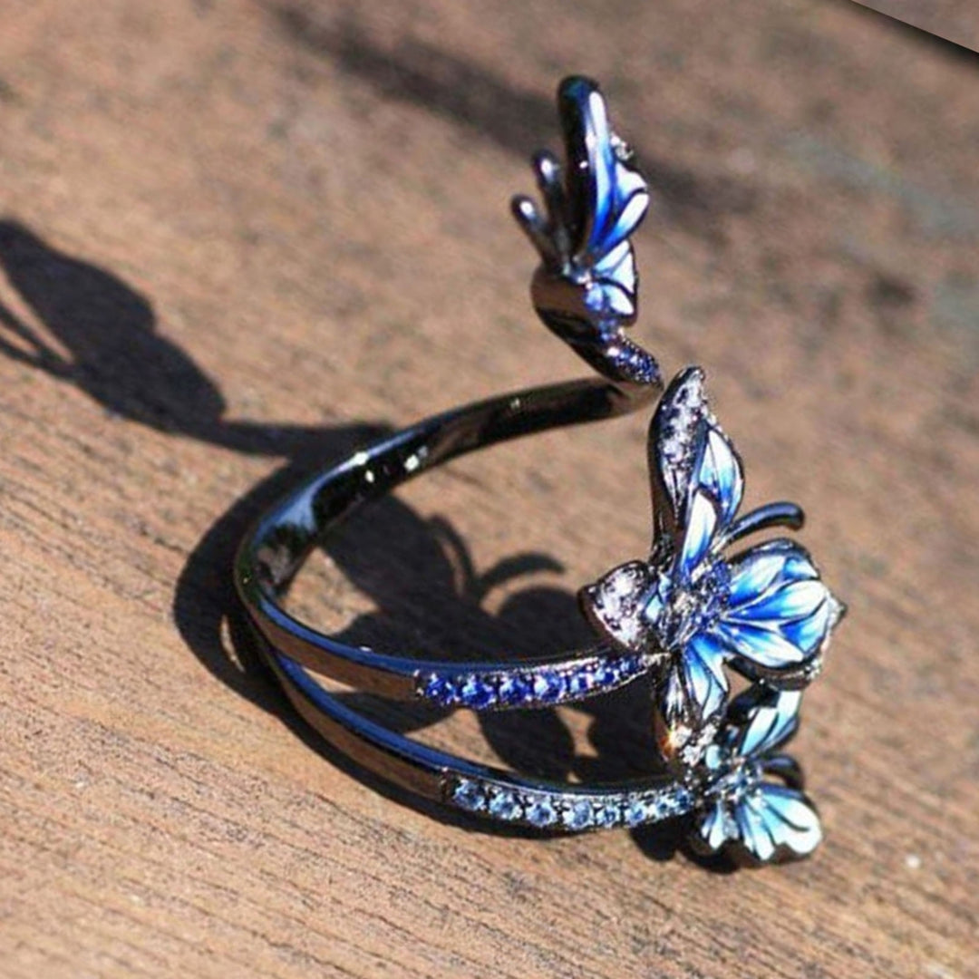 Adjustable Ring Elegant Open-end Design Three Blue Butterflies Ring Jewelry for Party Image 6