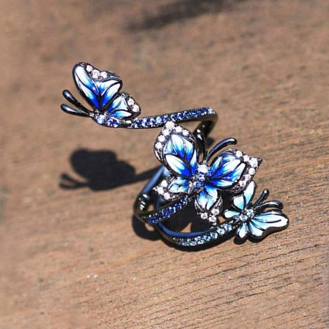 Adjustable Ring Elegant Open-end Design Three Blue Butterflies Ring Jewelry for Party Image 7