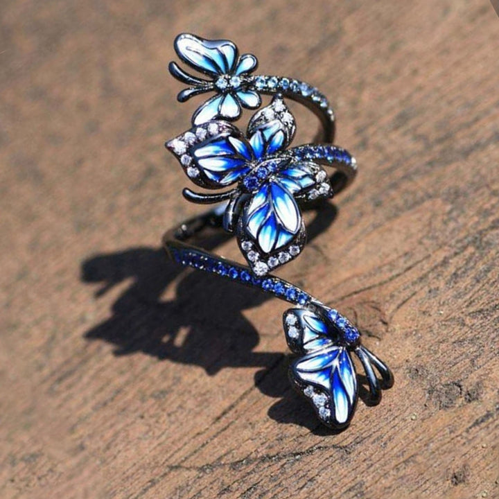 Adjustable Ring Elegant Open-end Design Three Blue Butterflies Ring Jewelry for Party Image 8