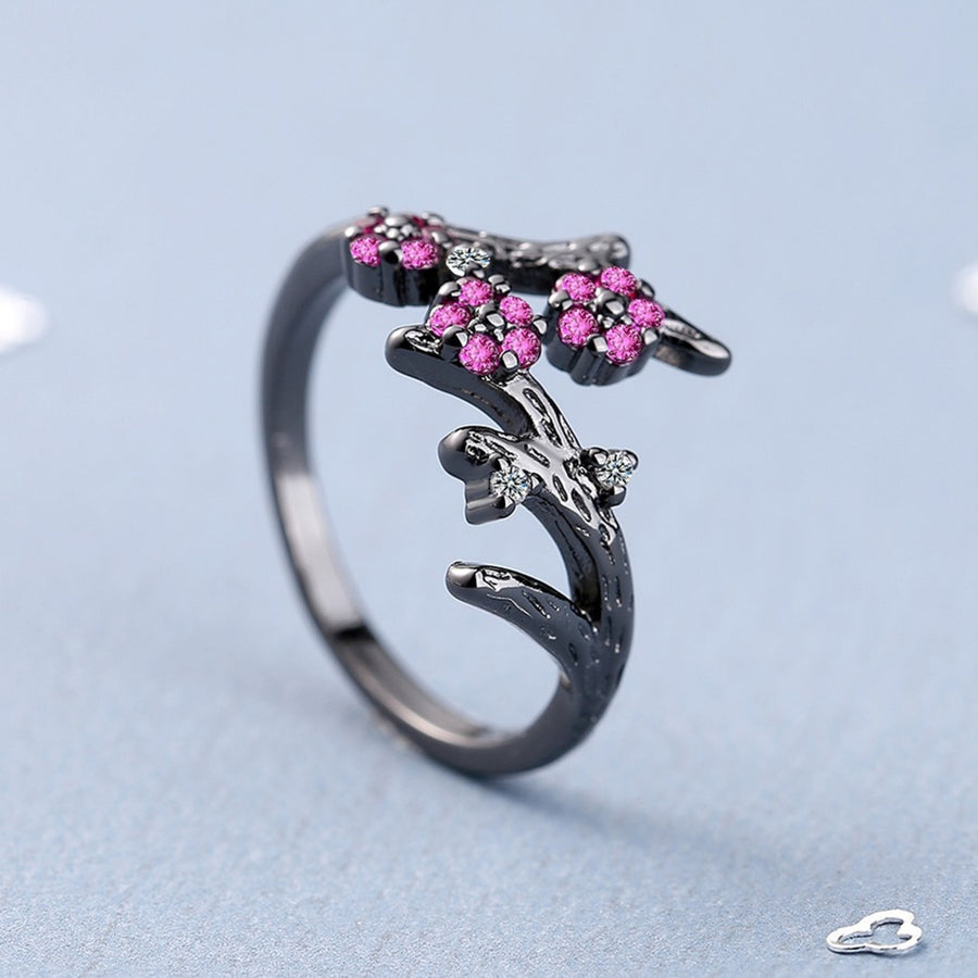 Adjustable Ring Open End Copper Blooming Plum Flower Rhinestone Ring for Daily Wear Image 1