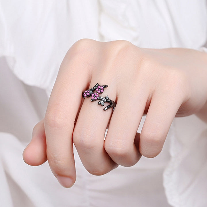 Adjustable Ring Open End Copper Blooming Plum Flower Rhinestone Ring for Daily Wear Image 3