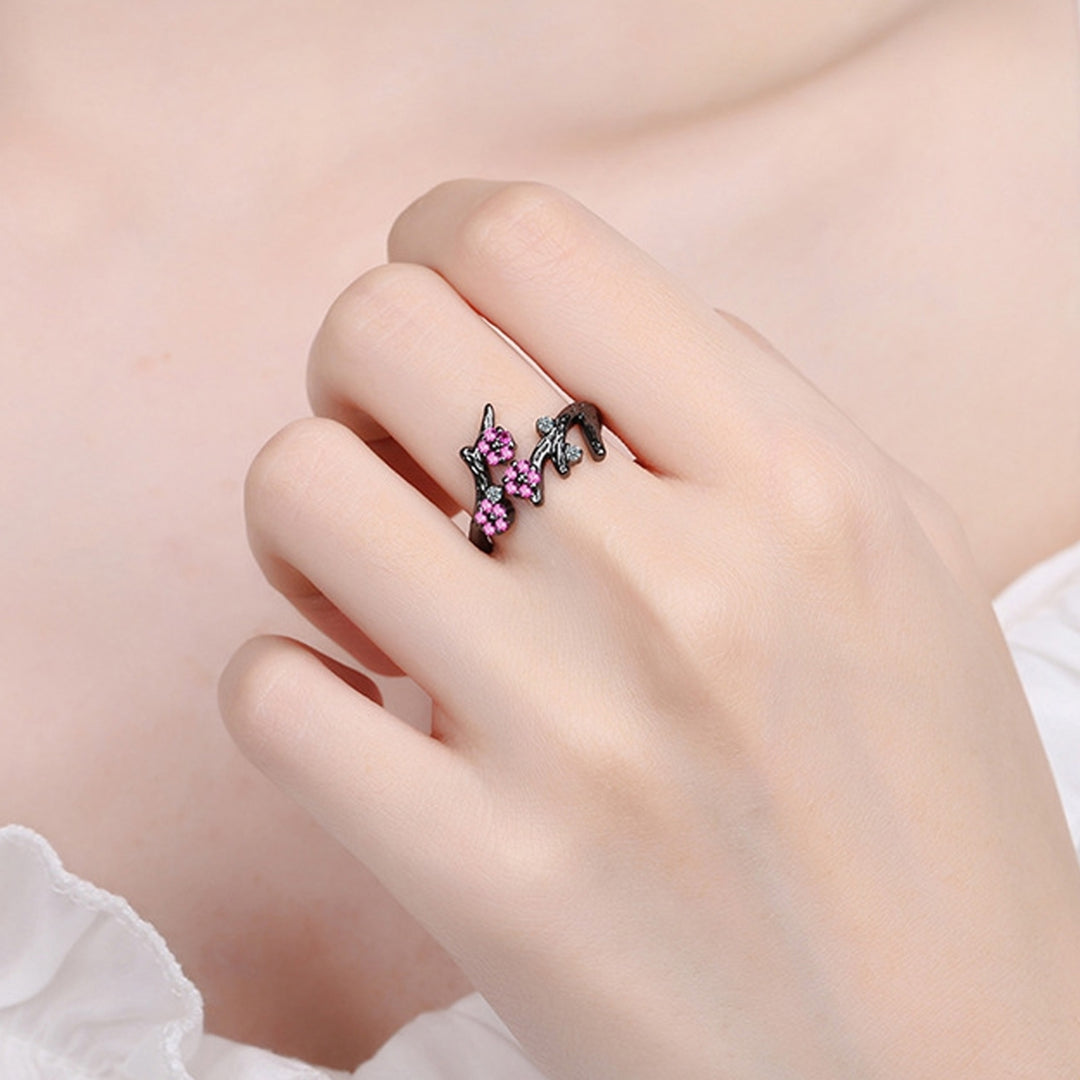 Adjustable Ring Open End Copper Blooming Plum Flower Rhinestone Ring for Daily Wear Image 4