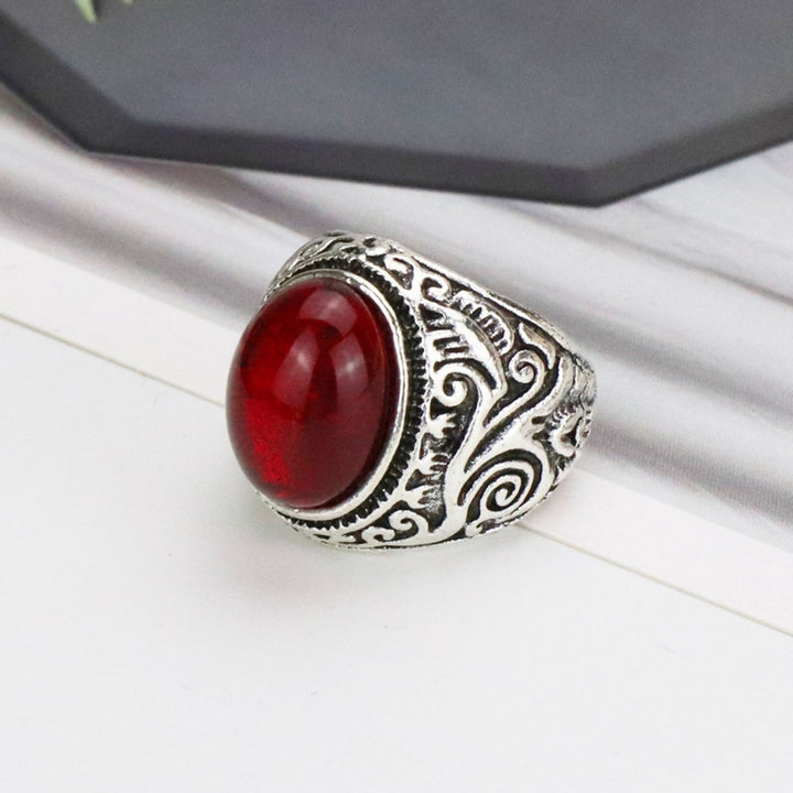 Carved Rock Style Men Ring Alloy Red Faux Gem Finger Ring Jewelry Accessaries Image 1