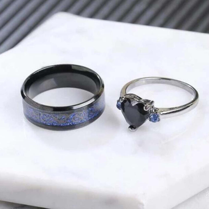 2Pcs Wide Smooth Surface Couple Rings Alloy Heart Faux Gem Blue Line Finger Rings Charm Jewelry Image 1