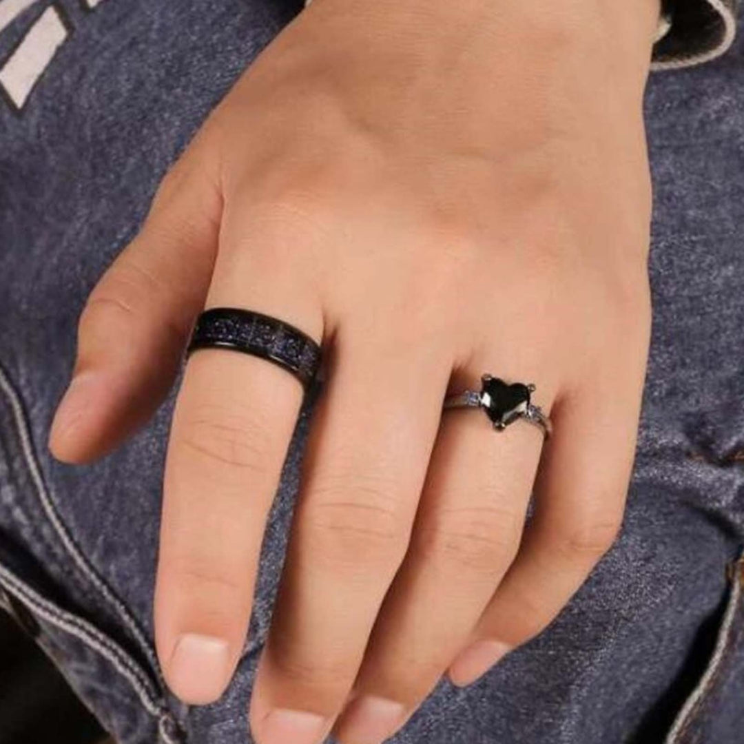 2Pcs Wide Smooth Surface Couple Rings Alloy Heart Faux Gem Blue Line Finger Rings Charm Jewelry Image 2