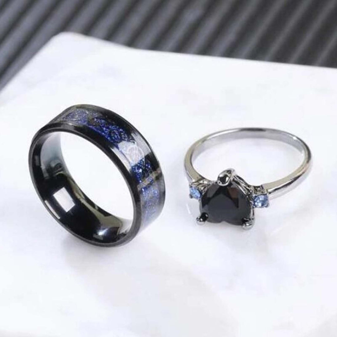 2Pcs Wide Smooth Surface Couple Rings Alloy Heart Faux Gem Blue Line Finger Rings Charm Jewelry Image 3