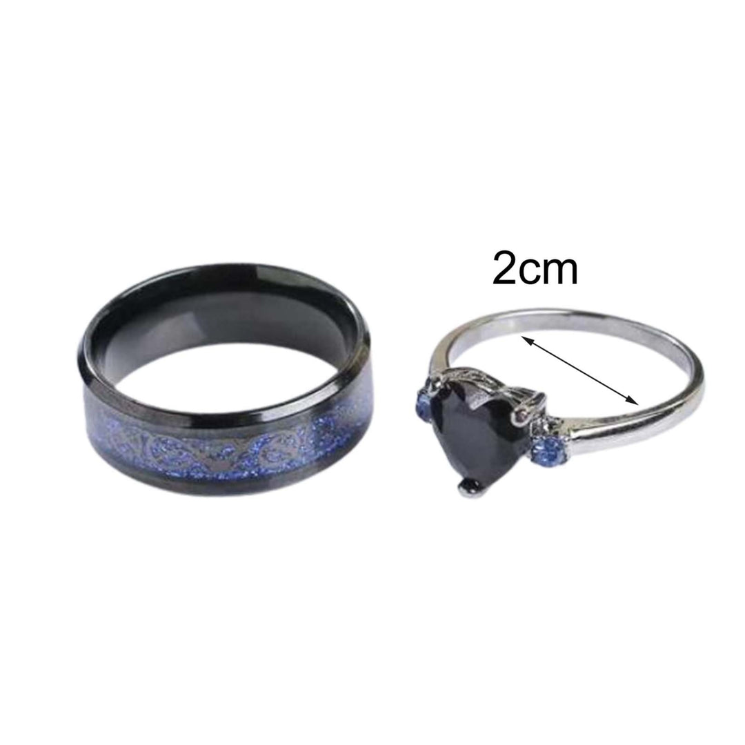 2Pcs Wide Smooth Surface Couple Rings Alloy Heart Faux Gem Blue Line Finger Rings Charm Jewelry Image 4