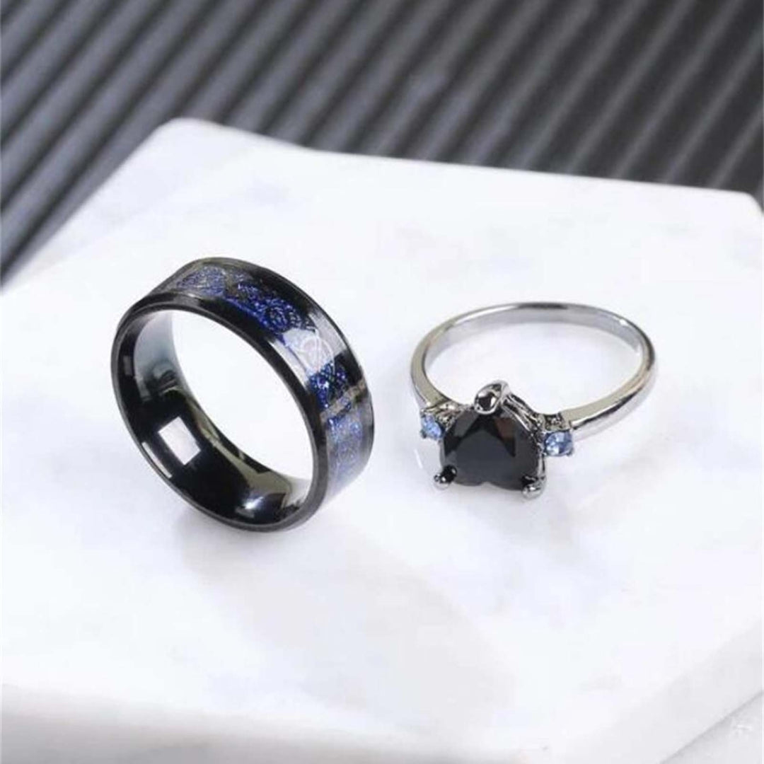 2Pcs Wide Smooth Surface Couple Rings Alloy Heart Faux Gem Blue Line Finger Rings Charm Jewelry Image 8