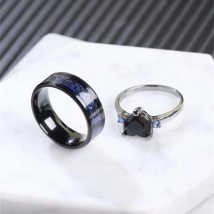 2Pcs Wide Smooth Surface Couple Rings Alloy Heart Faux Gem Blue Line Finger Rings Charm Jewelry Image 8