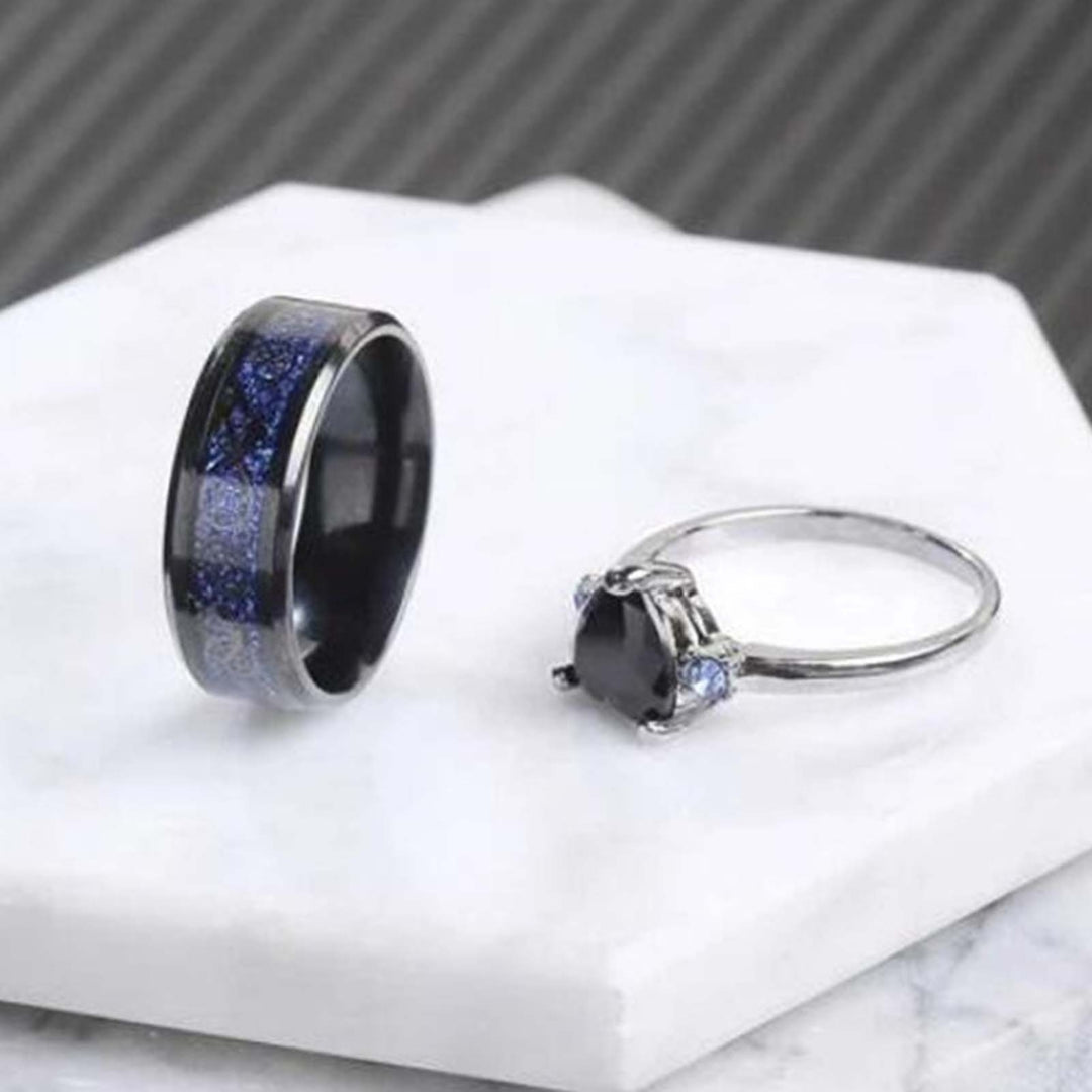 2Pcs Wide Smooth Surface Couple Rings Alloy Heart Faux Gem Blue Line Finger Rings Charm Jewelry Image 9